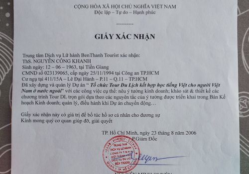 giấy xác nhận quản lý dự án tour du lịch của Mr.Khanh, người sáng lập "Du lịch Xanh Xanh"