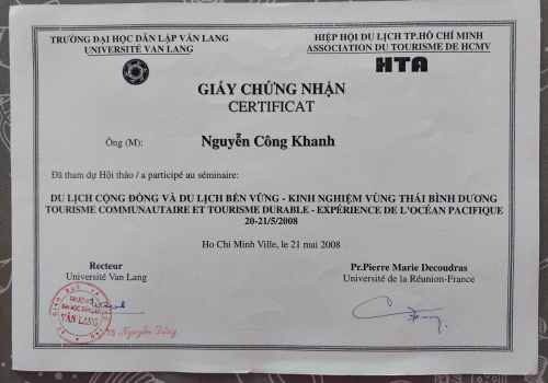 giấy chứng nhận tham dự khóa học du lịch của Mr.Khanh - quản lý "Du lịch Xanh Xanh"